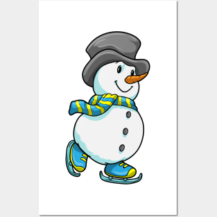 Snowman at Ice skating with Scarf & Hat Posters and Art